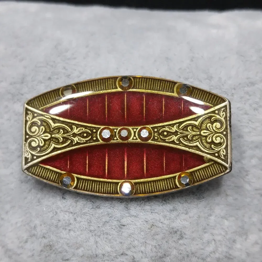 Catherine Popesco Red Enamel Art Deco Brooch, Rhinestones Under Enamel, France